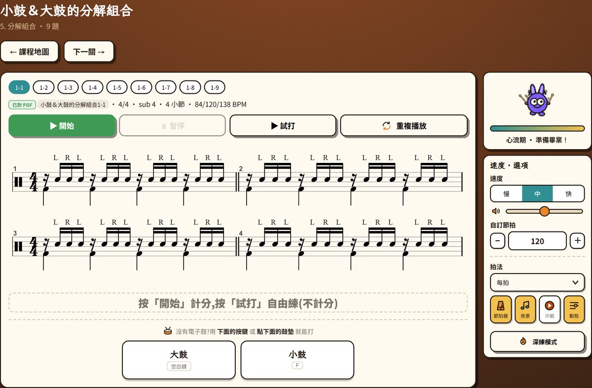 鼓咕顧練習頁:真實鼓譜、開始 / 試打按鈕、速度選項與螢幕鼓墊